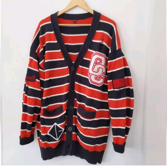OPENING CEREMONY M Varsity Stripe Thrashed Shredded Cardigan Sweater Oversized! - Picture 1 of 14